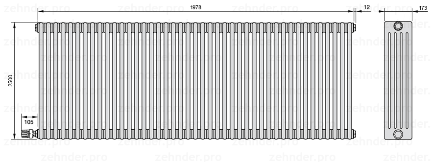 Схема (чертеж) Радиатор Zehnder Charleston 5250/43 №V003 Белый глянцевый RAL 9016